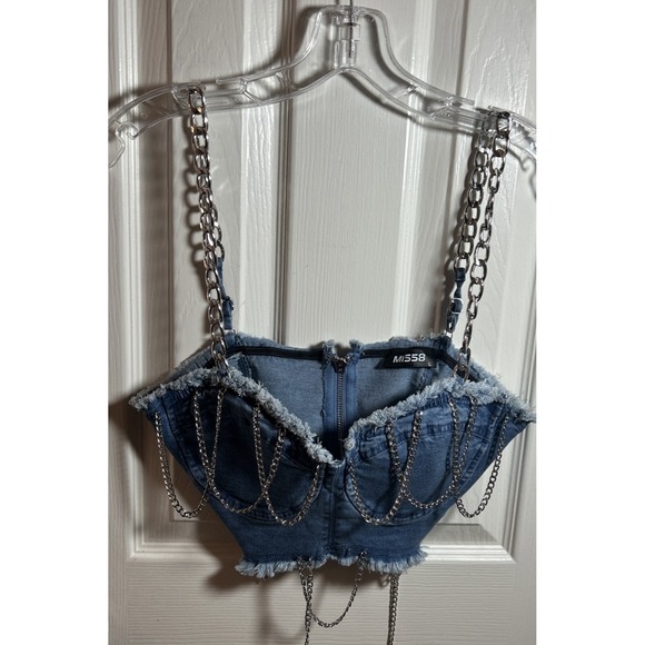 Miss 8 Tops - Miss 8 Blue Wash Denim Lace Up Corset L Chains Stretch Zip Back